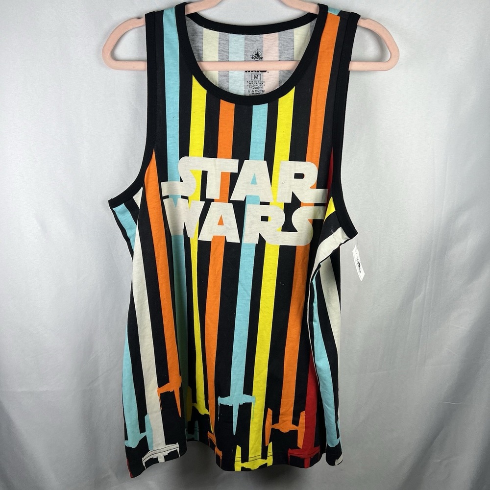 🏰 DISNEY STARWARS STRIPED TIE & X-WING FIGHTER TANK‎ TOP T SHIRT ADULT SIZE MED